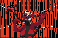 Billie Hellgnoll being flayed by iron hooks in front of bold text that asks 'What is there left to give?'